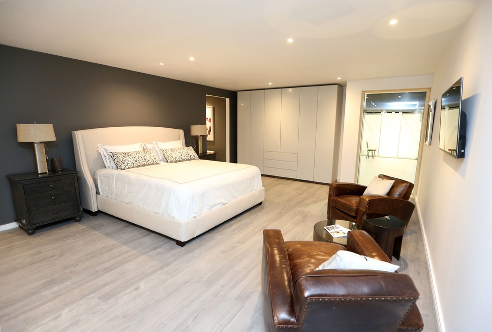Design ideas for a large modern master bedroom in Dublin with multi-coloured walls, no fireplace and grey floors.
