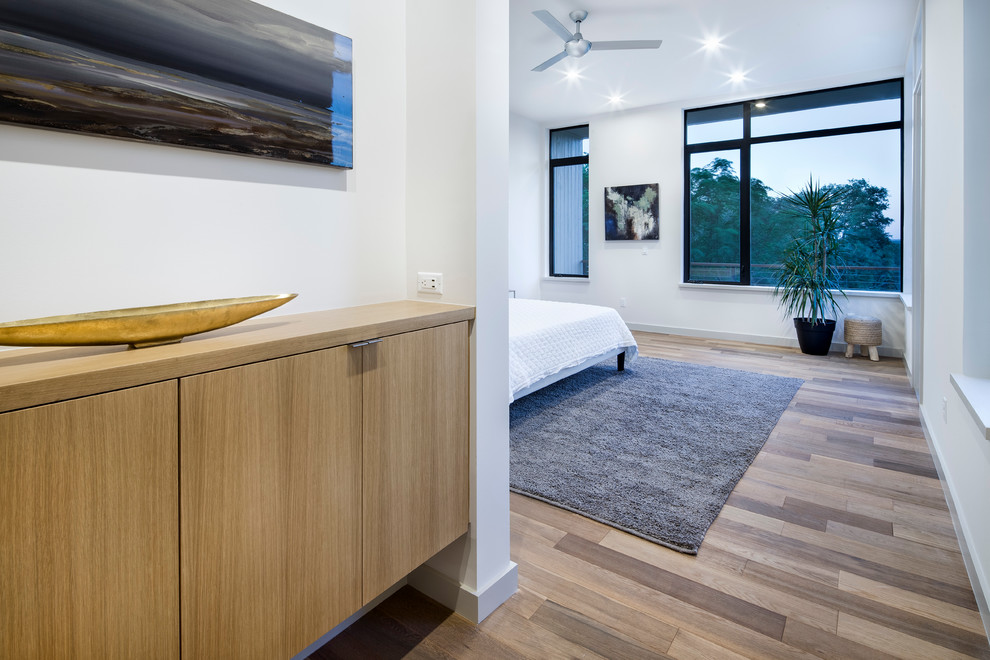 This is an example of a medium sized contemporary master bedroom in Austin with white walls, medium hardwood flooring, no fireplace and brown floors.