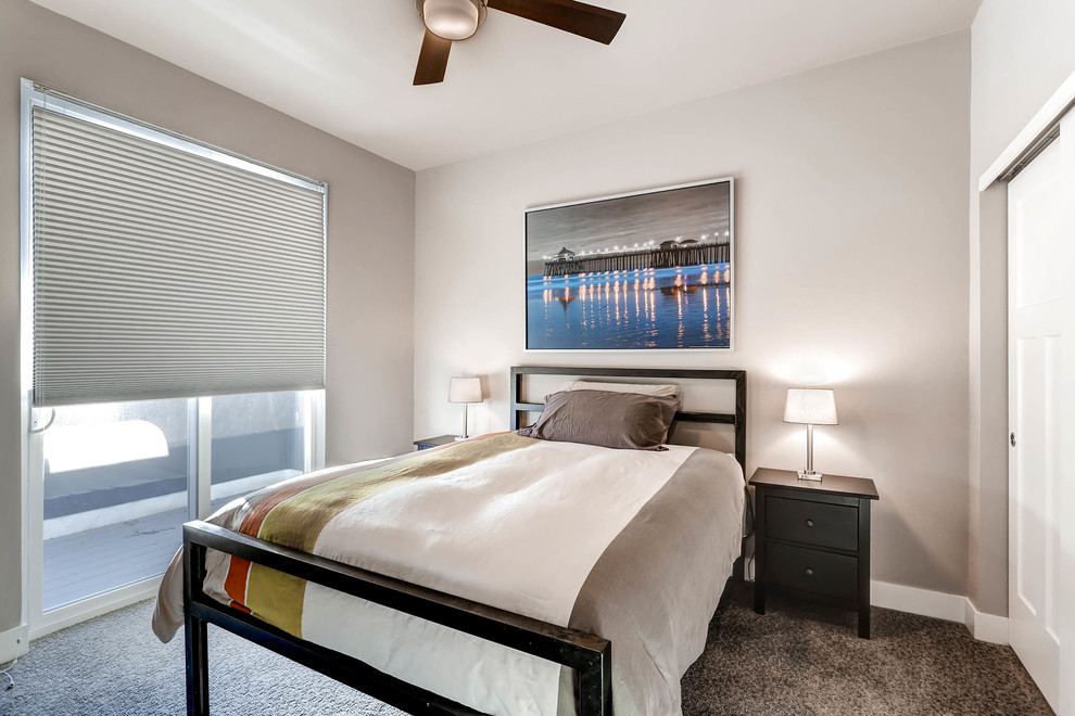 Свежая идея для дизайна: гостевая спальня среднего размера, (комната для гостей) в стиле модернизм с серыми стенами, ковровым покрытием и коричневым полом без камина - отличное фото интерьера