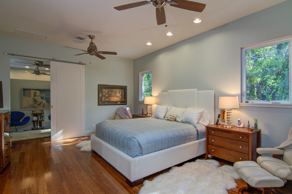 タンパにある広いコンテンポラリースタイルのおしゃれな主寝室 (青い壁、竹フローリング) のインテリア