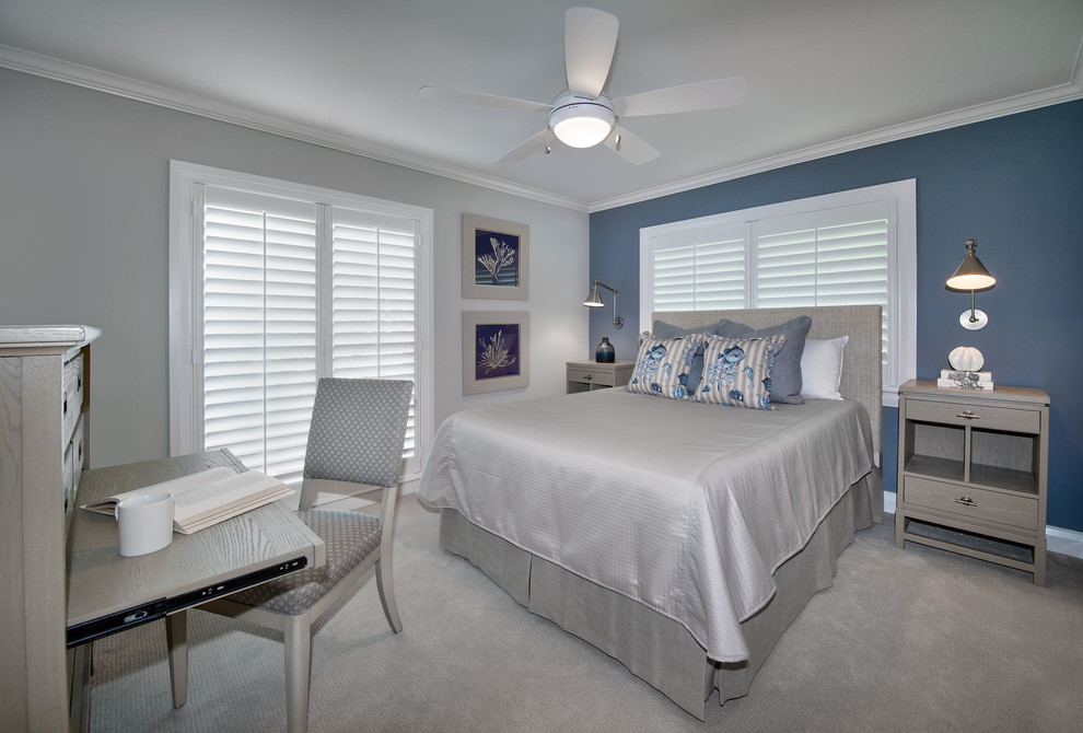 Bedroom - mid-sized contemporary guest carpeted bedroom idea in Miami with gray walls and no fireplace