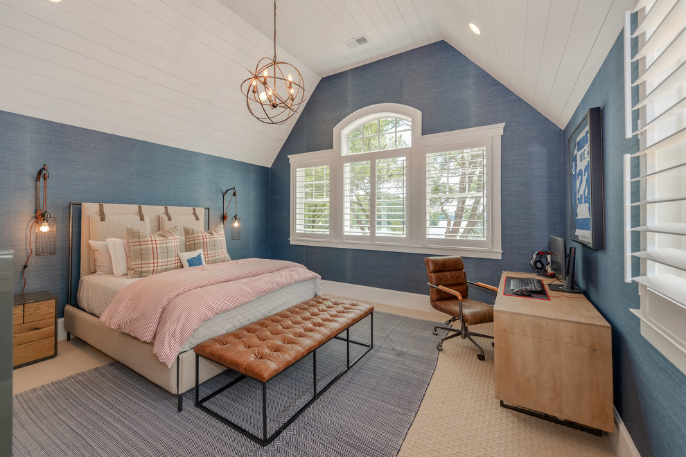 Modelo de dormitorio costero con paredes azules, moqueta y suelo beige