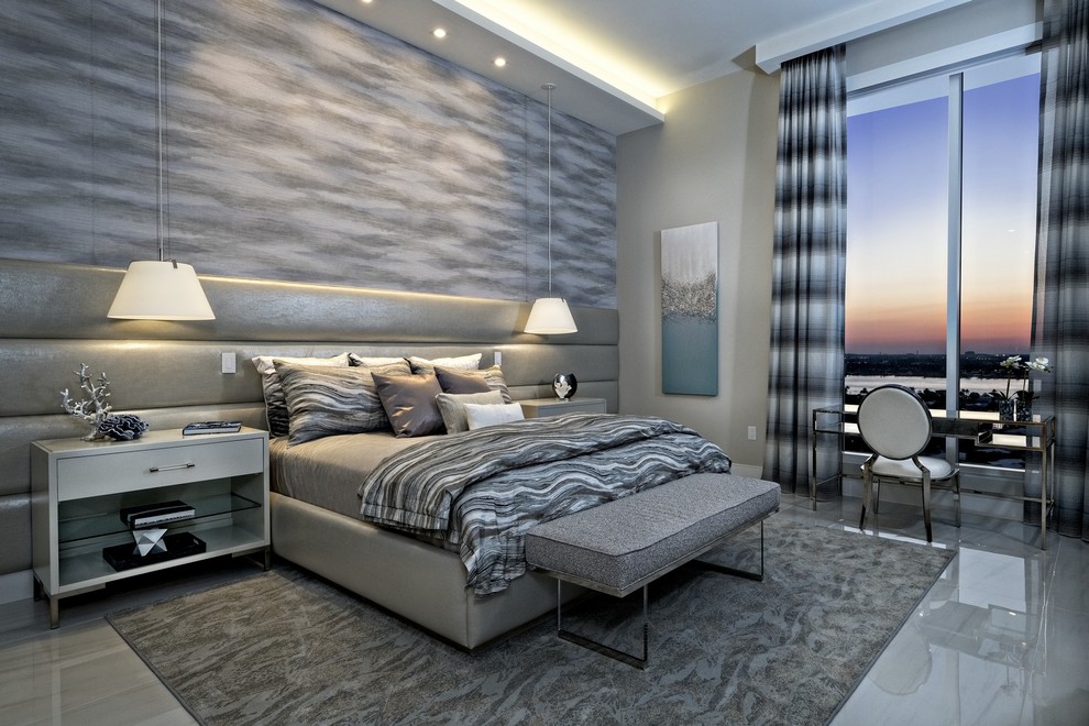 Foto de habitación de invitados contemporánea grande con paredes grises y suelo de mármol
