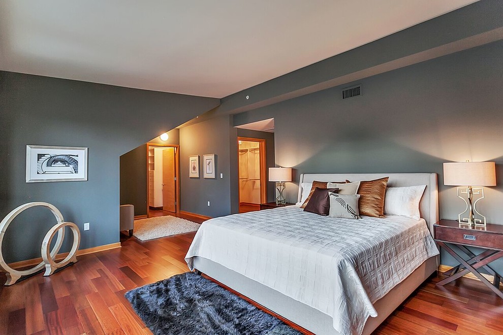 Foto de dormitorio principal contemporáneo con paredes grises y suelo de madera en tonos medios