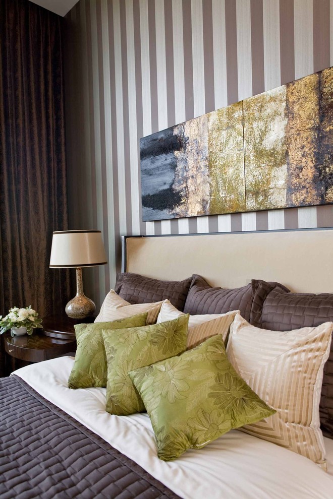 Photo of a medium sized contemporary master bedroom in Portland with brown walls, carpet, no fireplace and beige floors.