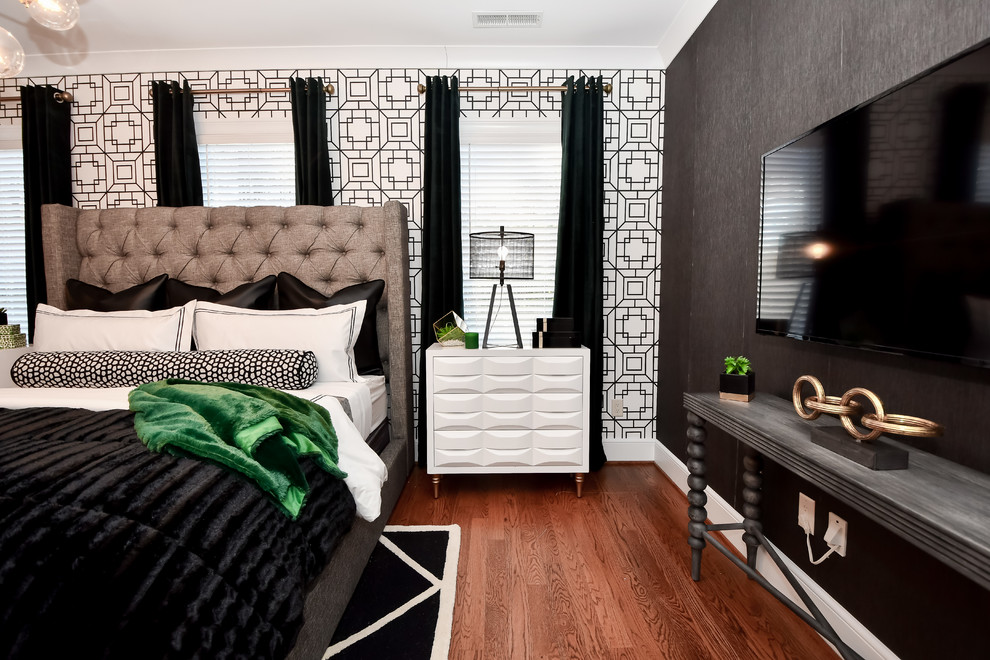 Свежая идея для дизайна: большая гостевая спальня (комната для гостей) в стиле модернизм с серыми стенами, паркетным полом среднего тона и коричневым полом - отличное фото интерьера