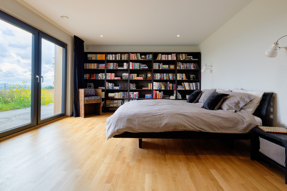 他の地域にあるコンテンポラリースタイルのおしゃれな主寝室 (白い壁、無垢フローリング、茶色い床)