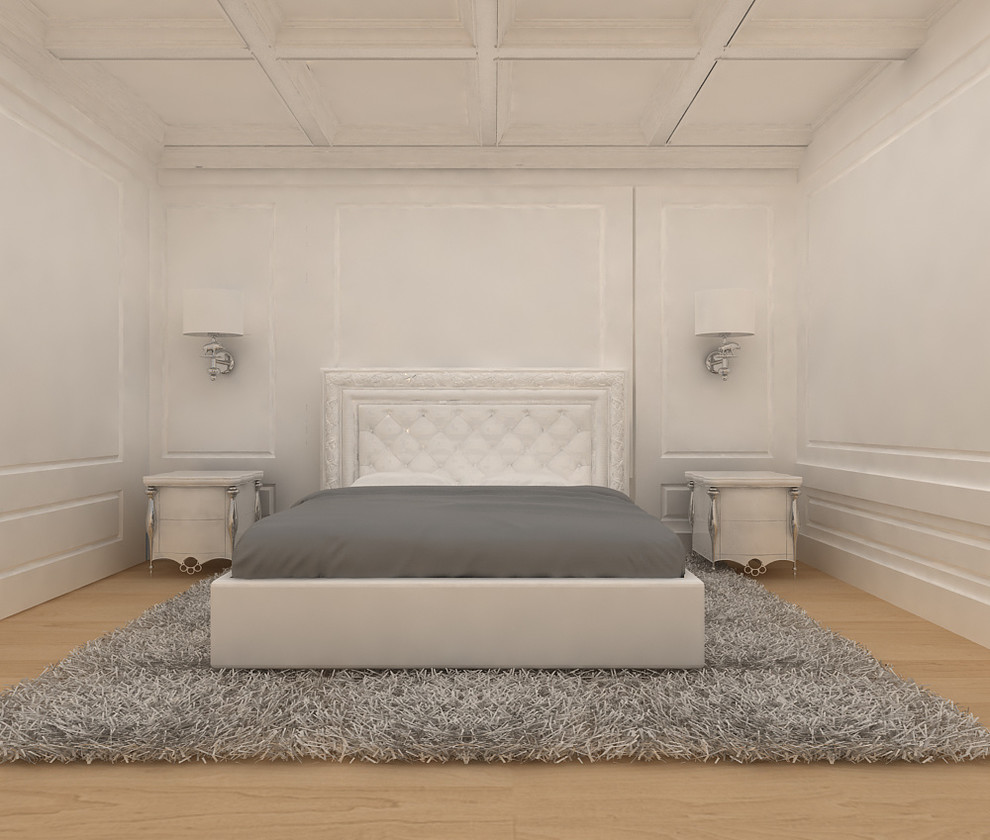 Ejemplo de dormitorio principal minimalista grande con suelo de madera en tonos medios y suelo beige