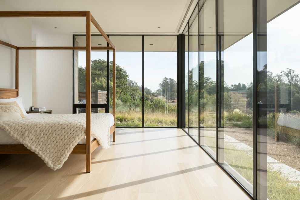 Diseño de dormitorio moderno con paredes blancas, suelo de madera clara y suelo beige