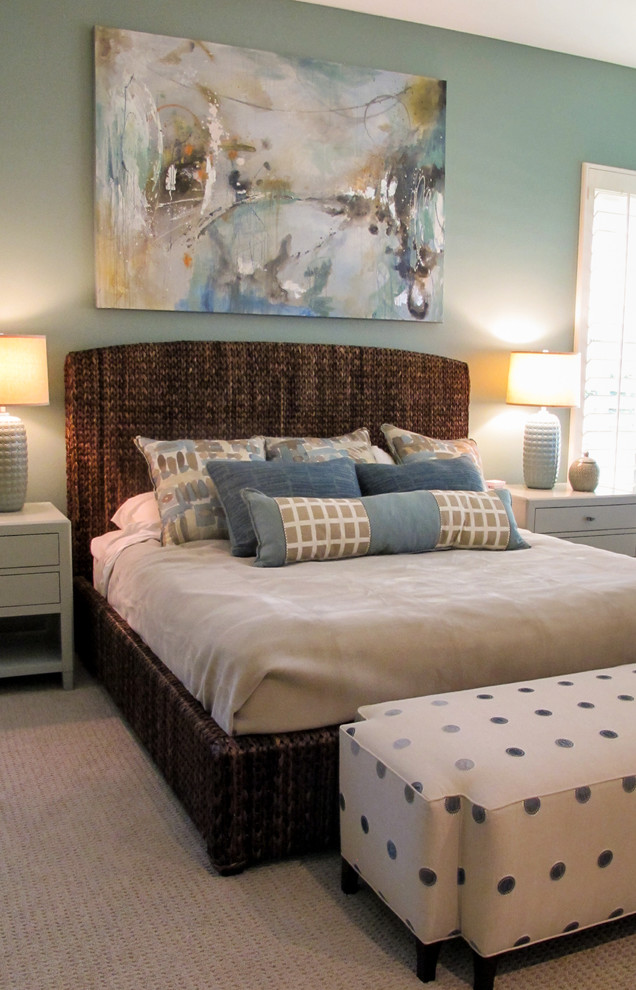 This is an example of a medium sized eclectic guest bedroom in Seattle with blue walls, carpet and no fireplace.