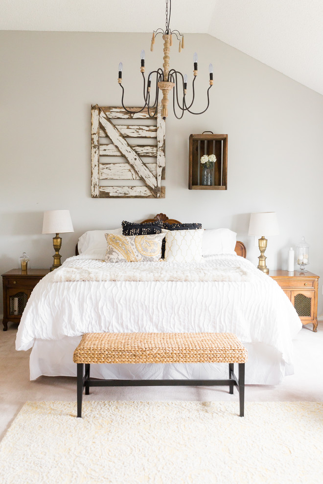 Inspiration for a medium sized rural master bedroom in Denver with grey walls, carpet and beige floors.