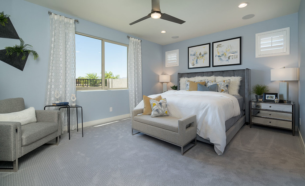 Bedroom - mid-sized contemporary master carpeted and beige floor bedroom idea in Phoenix with blue walls