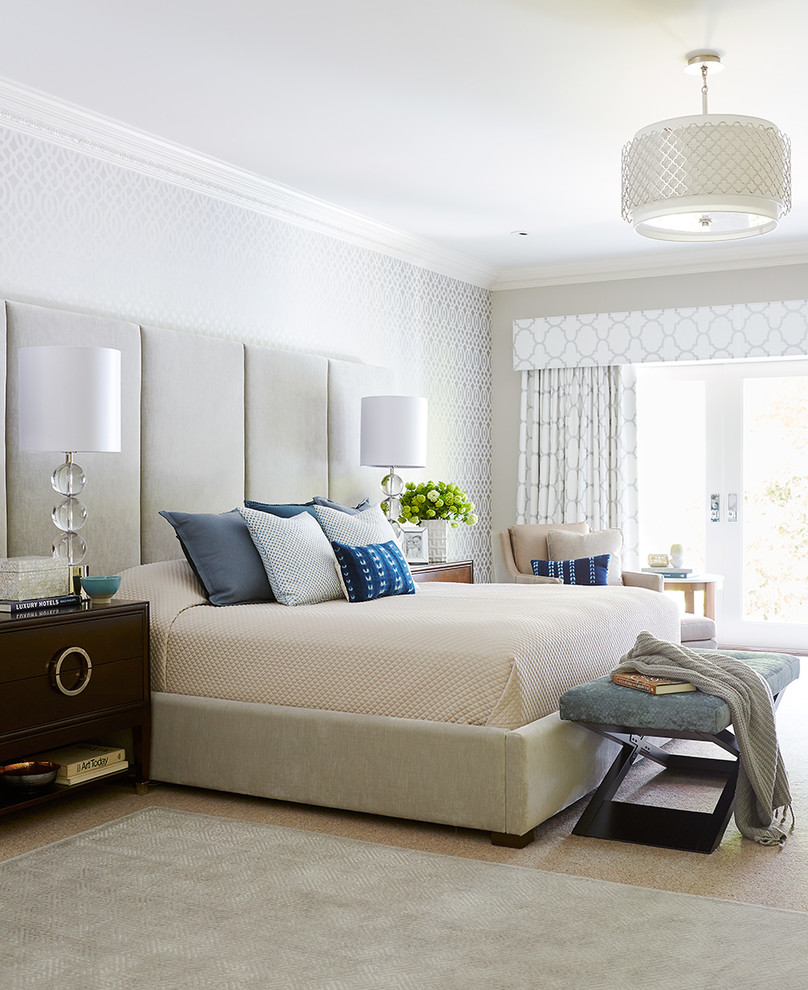 Inspiration for a timeless master carpeted and beige floor bedroom remodel in Boston with multicolored walls