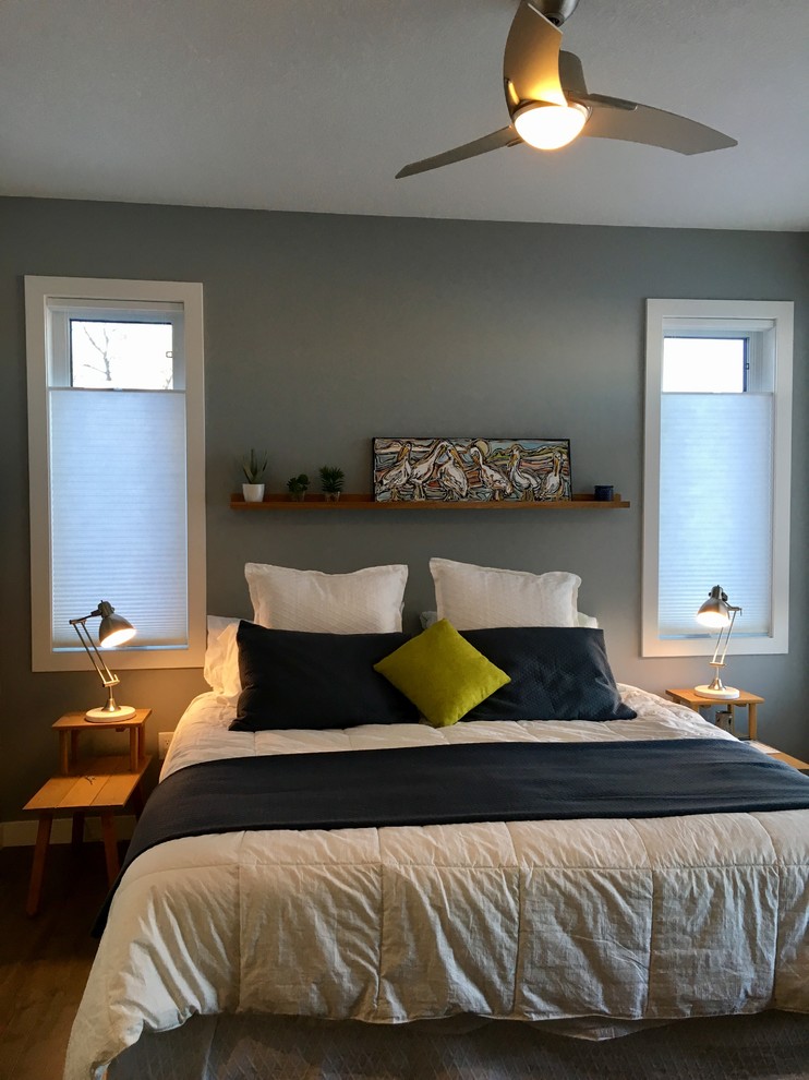 Medium sized classic bedroom in Other with grey walls, dark hardwood flooring and no fireplace.