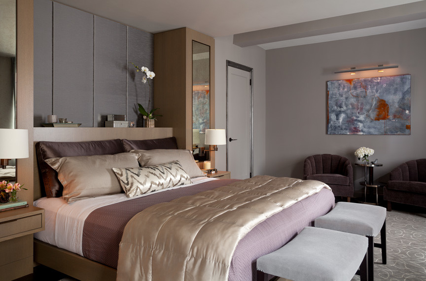Bedroom - mid-sized contemporary master dark wood floor bedroom idea in New York with gray walls