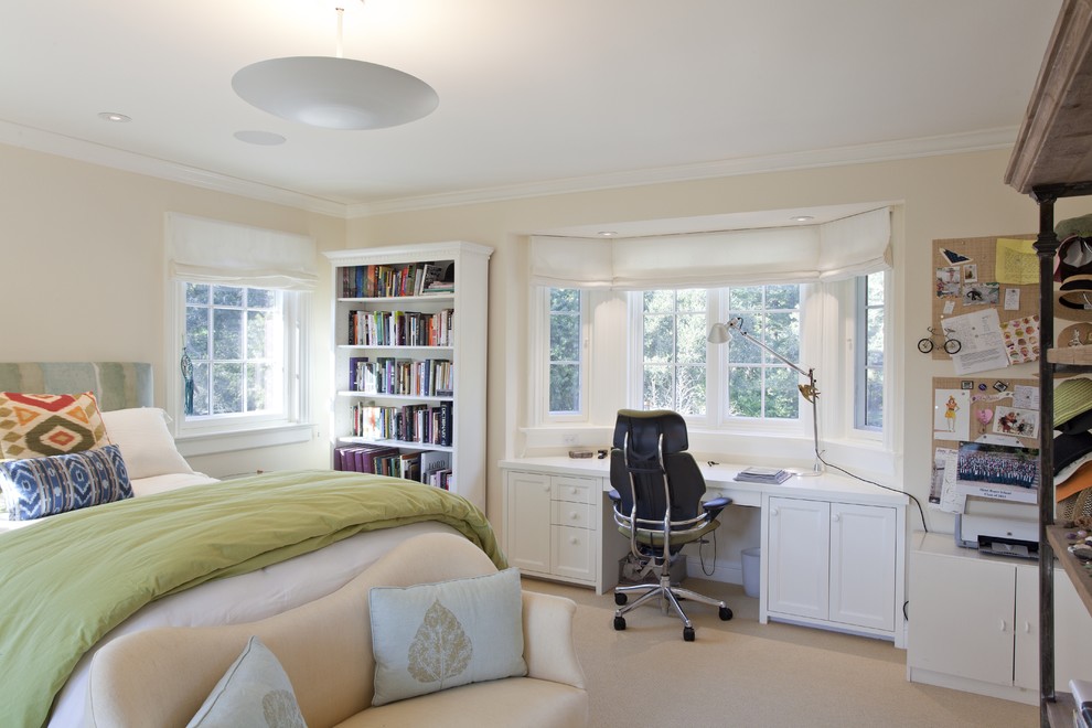 Elegant carpeted bedroom photo in San Francisco with beige walls