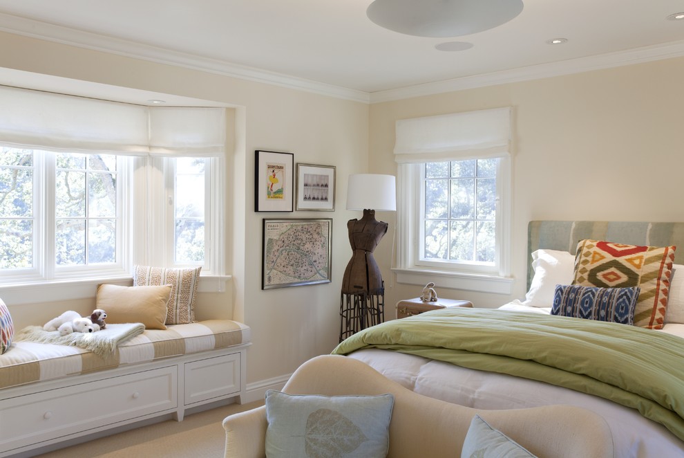 Traditional bedroom in San Francisco with beige walls, carpet and no fireplace.