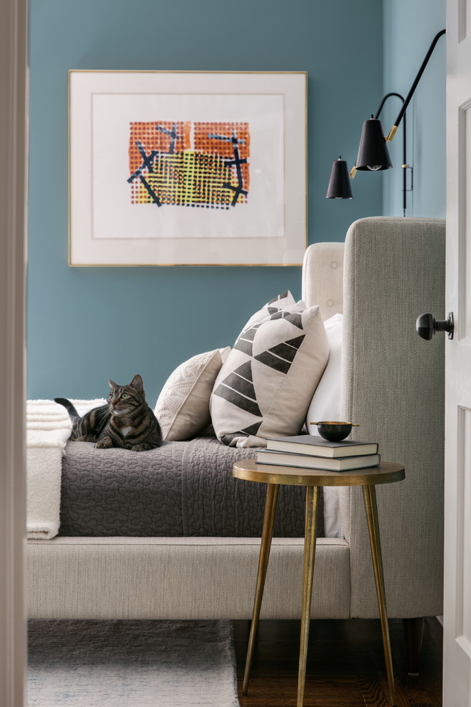 サンフランシスコにある小さなトラディショナルスタイルのおしゃれな客用寝室 (青い壁、濃色無垢フローリング) のインテリア