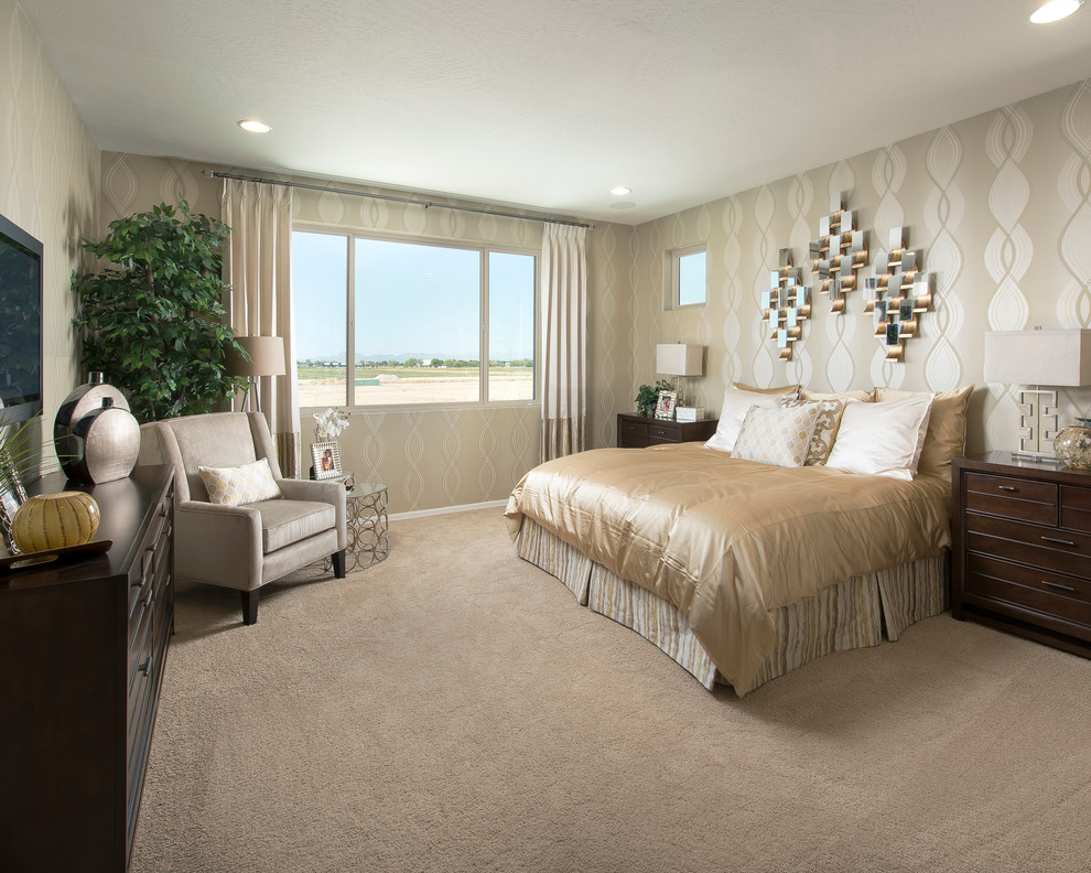 Inspiration for a classic bedroom in Phoenix with beige walls and carpet.