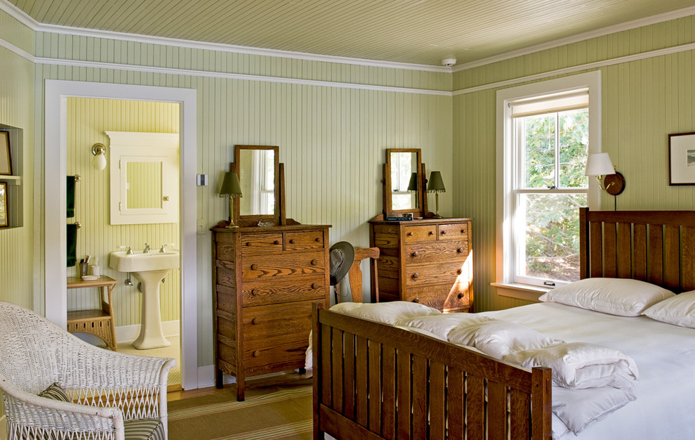 Beach style bedroom photo in Portland Maine with green walls