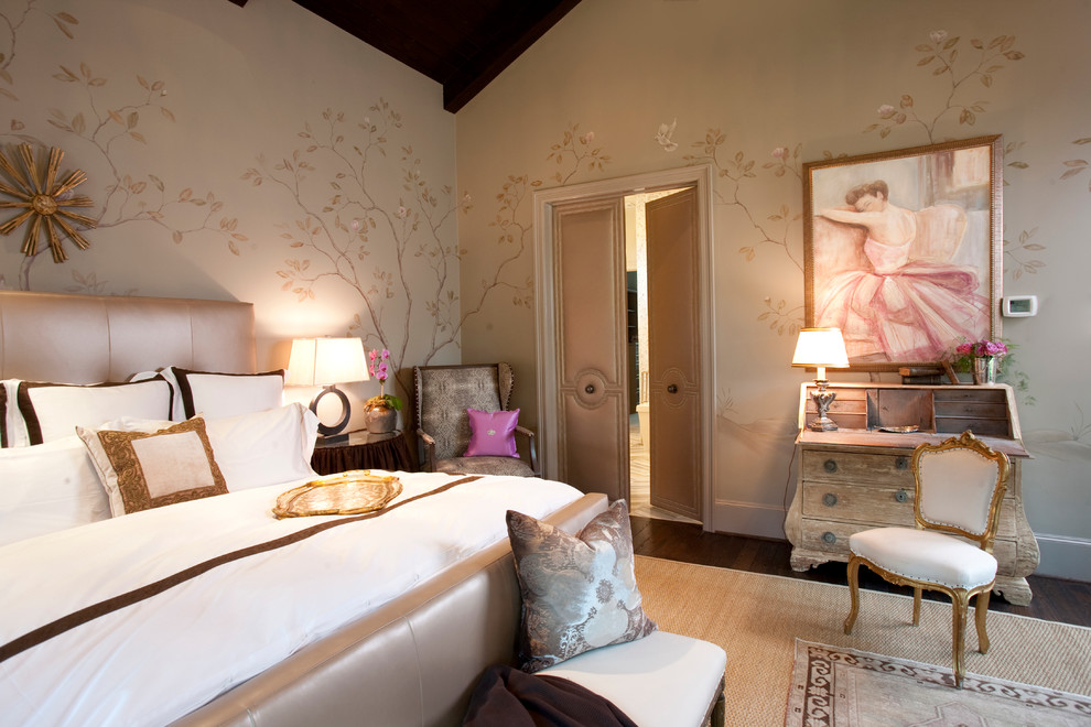 Elegant bedroom photo in Houston with multicolored walls