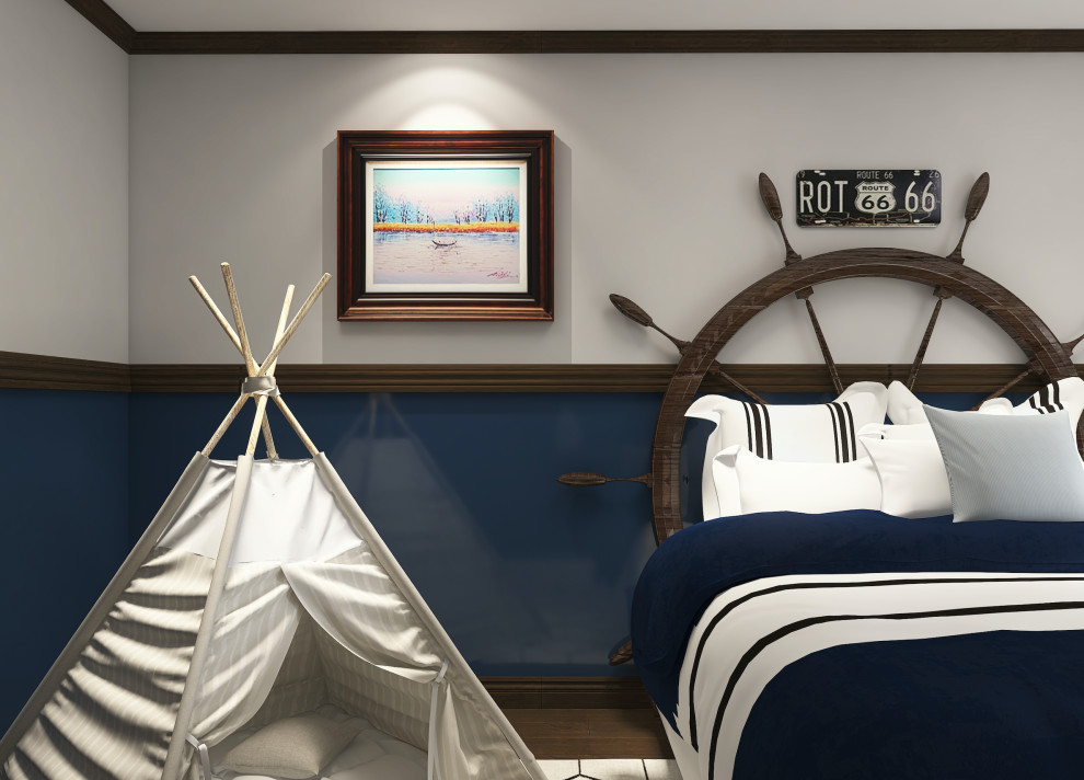 Imagen de habitación de invitados marinera de tamaño medio sin chimenea con paredes azules, suelo de madera oscura y suelo marrón