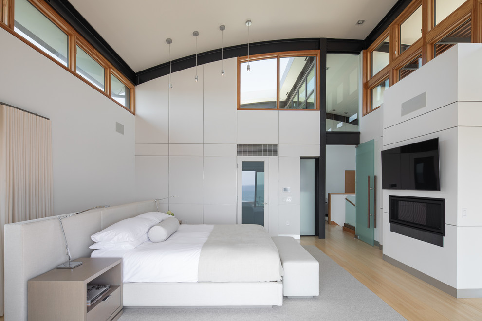 Foto de dormitorio principal actual con paredes blancas, suelo de madera clara, chimenea lineal y marco de chimenea de metal