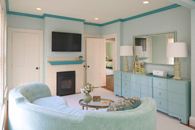 Foto de dormitorio contemporáneo con paredes azules