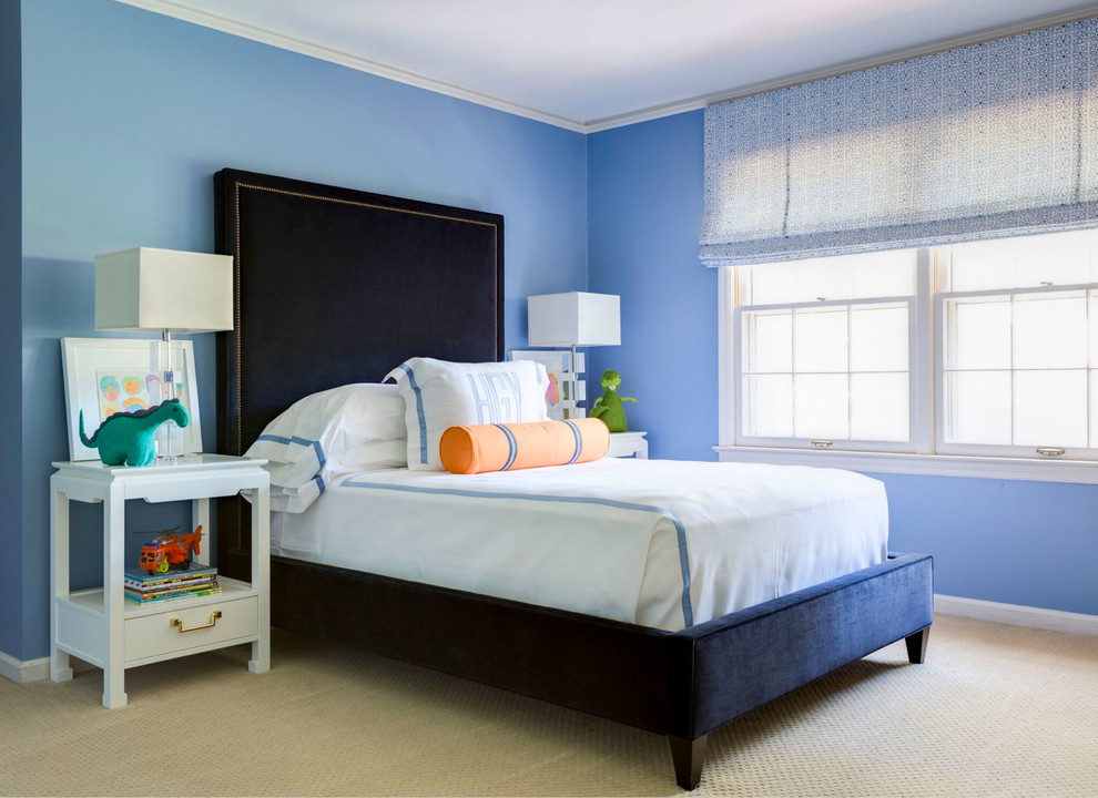 Mid-sized elegant carpeted and beige floor bedroom photo in Little Rock with blue walls
