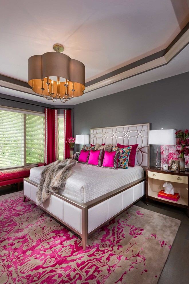 Inspiration for a large classic master and grey and pink bedroom in Other with grey walls.