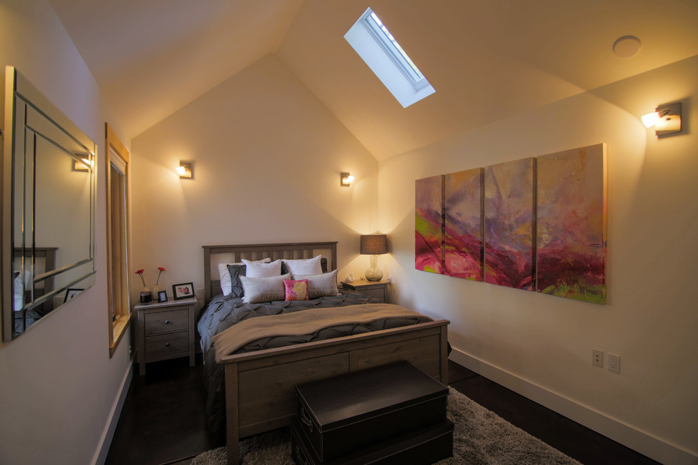 サンフランシスコにあるコンテンポラリースタイルのおしゃれな寝室 (白い壁、勾配天井) のレイアウト