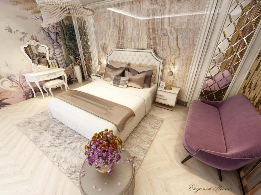 Esempio di una camera matrimoniale moderna con pareti beige, pavimento in marmo e pavimento beige