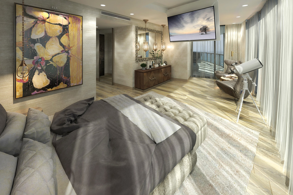 Свежая идея для дизайна: большая гостевая спальня (комната для гостей) в современном стиле с бежевыми стенами, полом из фанеры и бежевым полом без камина - отличное фото интерьера