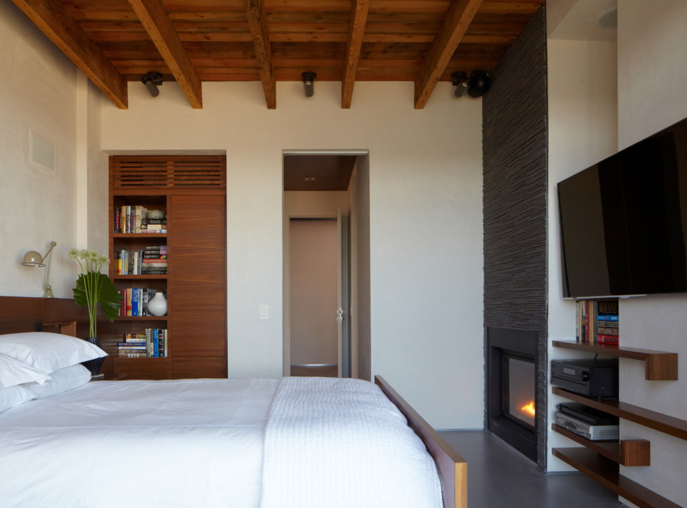 Idee per una camera da letto minimalista di medie dimensioni con pareti bianche, camino classico, pavimento in cemento, cornice del camino in metallo e TV