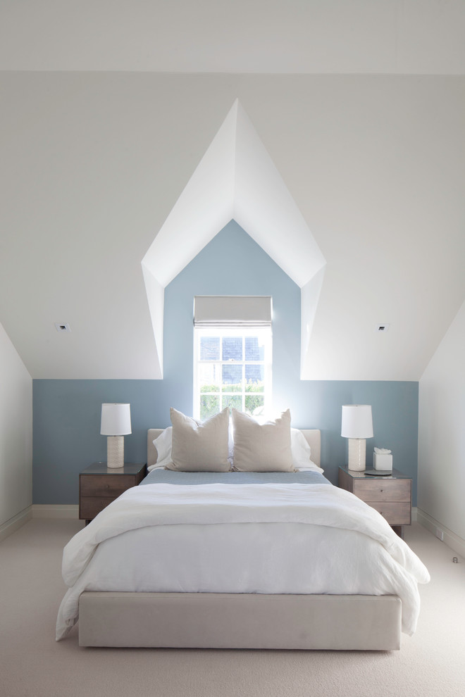 Mittelgroßes Modernes Hauptschlafzimmer ohne Kamin mit blauer Wandfarbe und Teppichboden in Boston