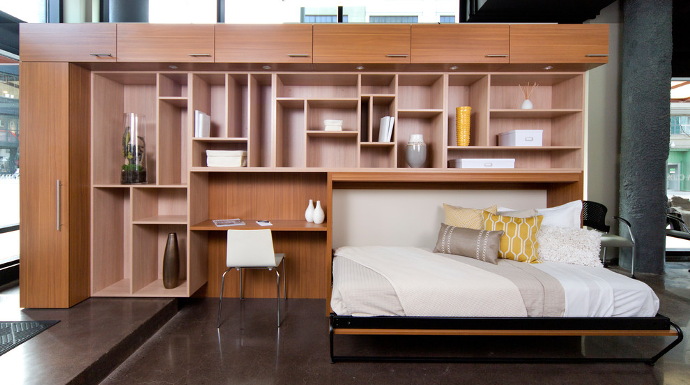 Ejemplo de dormitorio tipo loft moderno de tamaño medio sin chimenea con paredes grises y suelo de cemento