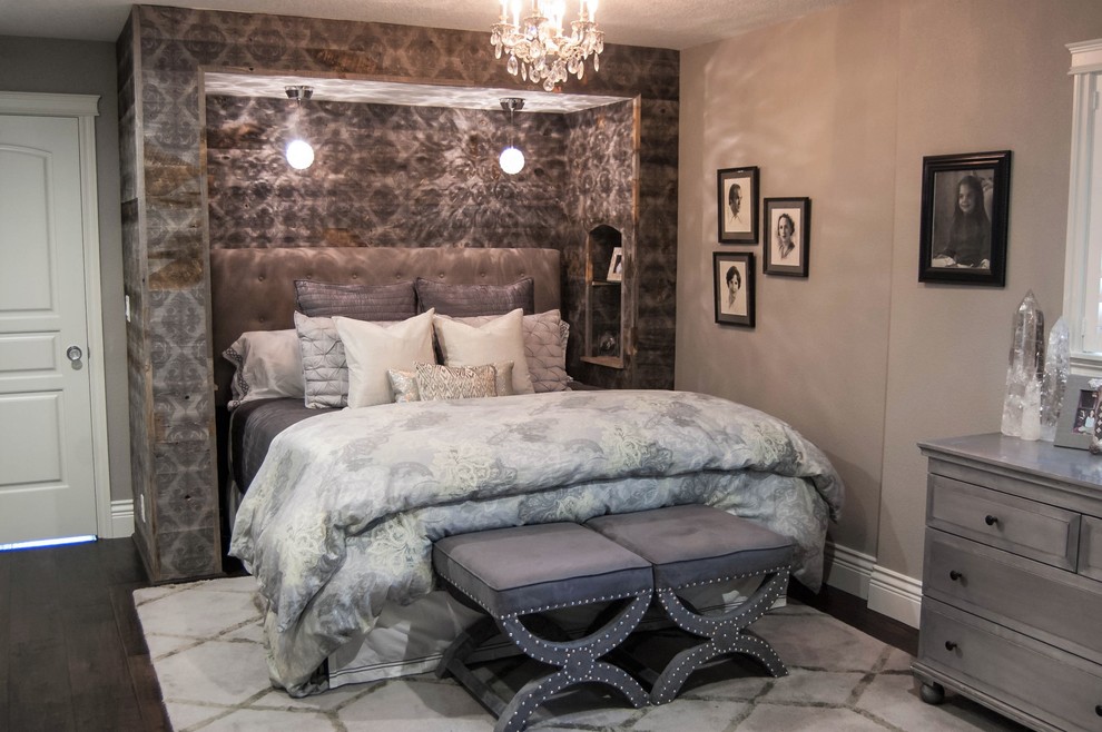 Design ideas for a large traditional master bedroom in San Francisco with grey walls, dark hardwood flooring, a two-sided fireplace, a tiled fireplace surround and brown floors.