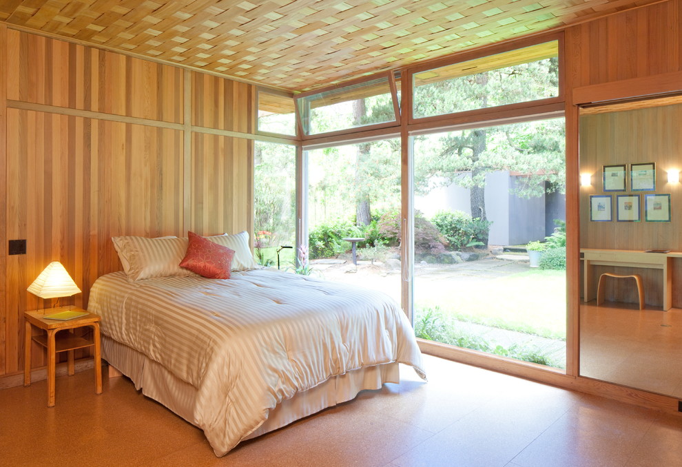 Источник вдохновения для домашнего уюта: хозяйская спальня среднего размера в стиле ретро с пробковым полом