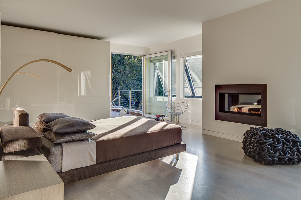 Large minimalist master medium tone wood floor and brown floor bedroom photo in San Francisco with white walls, a metal fireplace and a standard fireplace