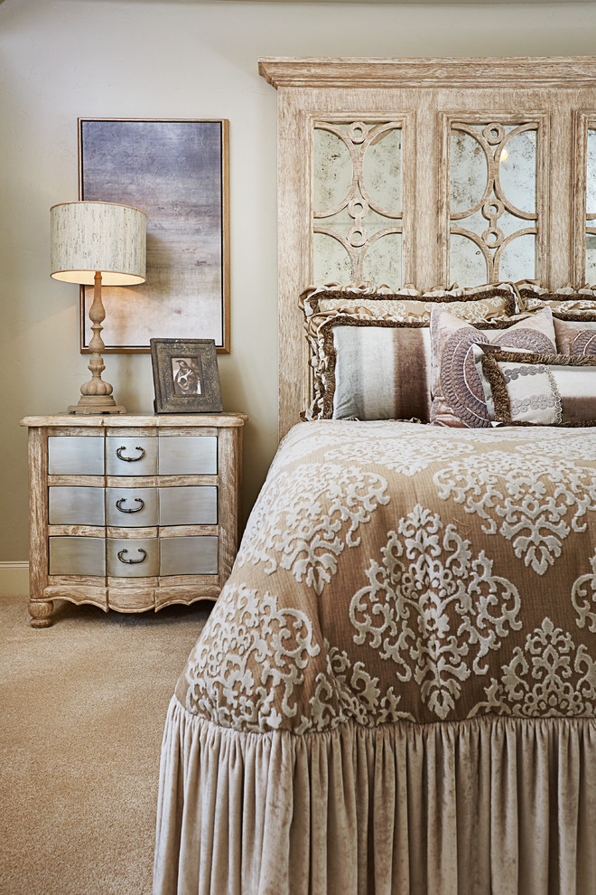 Inspiration for a large shabby-chic style master carpeted bedroom remodel in Dallas with beige walls and no fireplace