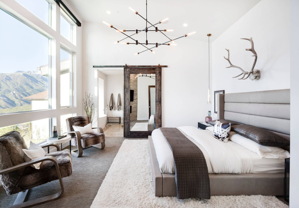 Diseño de dormitorio abovedado rústico con paredes blancas, moqueta y suelo gris
