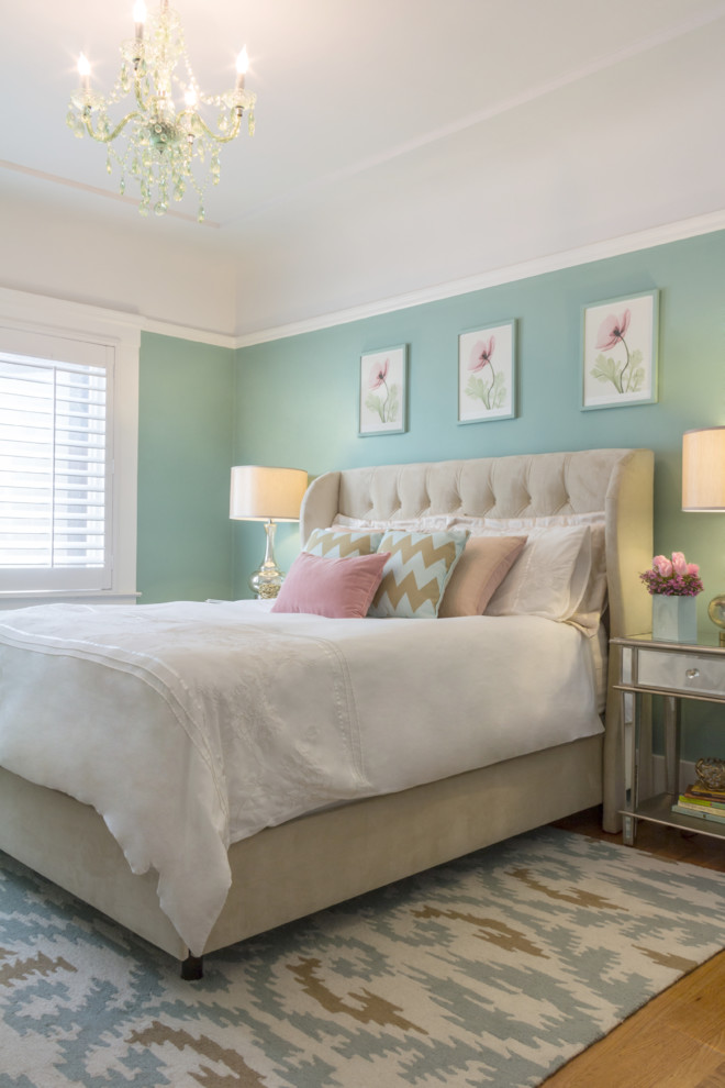 Elegant light wood floor bedroom photo in San Francisco with green walls