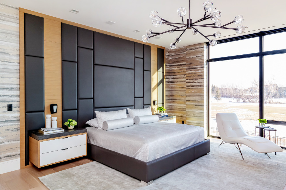 Diseño de dormitorio principal actual grande sin chimenea con paredes multicolor y suelo de madera clara