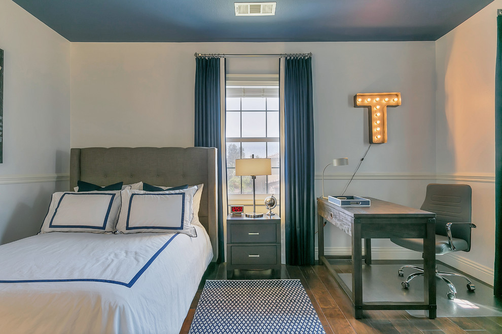 Foto de dormitorio contemporáneo de tamaño medio sin chimenea con paredes grises y suelo de madera en tonos medios