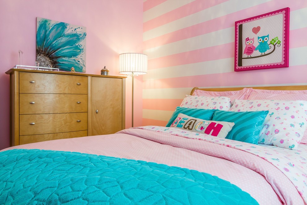 Mid-sized transitional bedroom photo in Other with pink walls