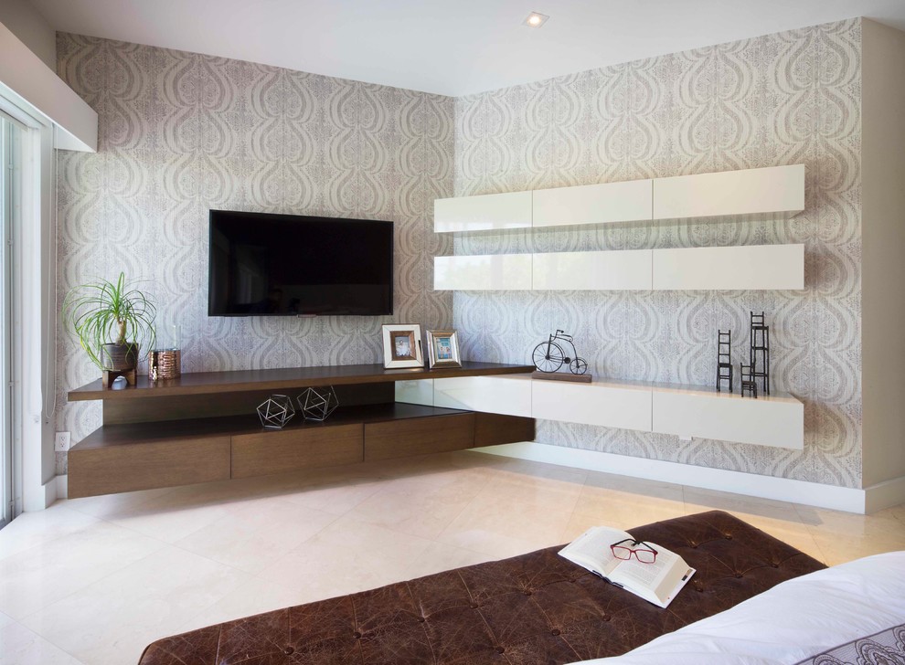 Example of a trendy master marble floor and beige floor bedroom design in Miami with gray walls