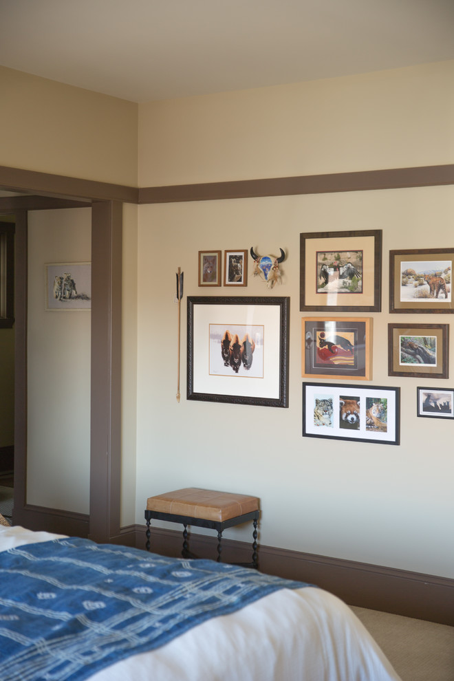 Design ideas for a medium sized eclectic bedroom in San Francisco with brown walls.