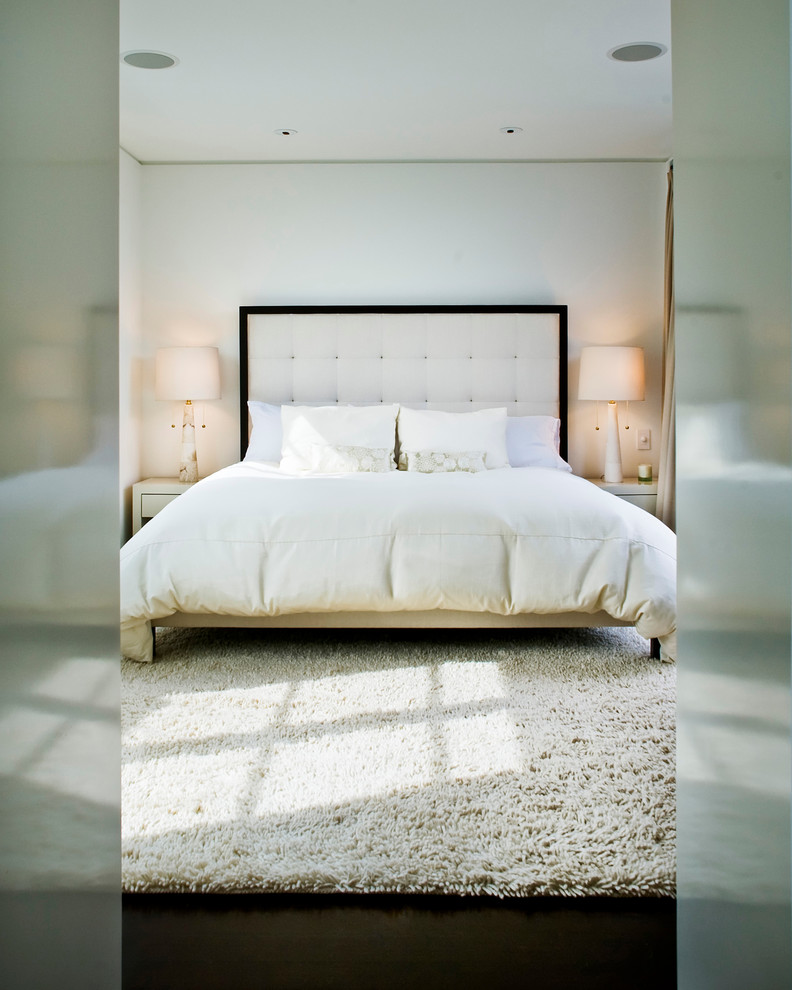 Modernes Hauptschlafzimmer mit weißer Wandfarbe und dunklem Holzboden in San Francisco