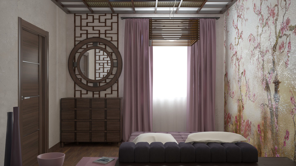 Imagen de habitación de invitados asiática de tamaño medio con paredes beige