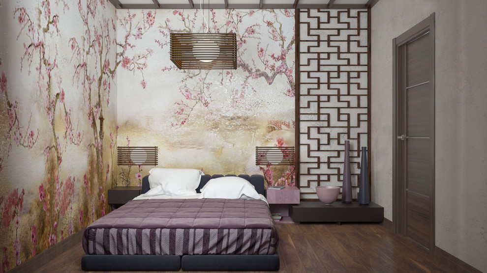 ニューヨークにある中くらいなアジアンスタイルのおしゃれな客用寝室 (ベージュの壁) のレイアウト